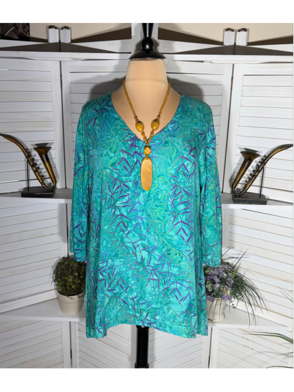 Vintage 90s Y2K boho tunic top leaves tie dye 3/4 angel sleeves whimsical fairy